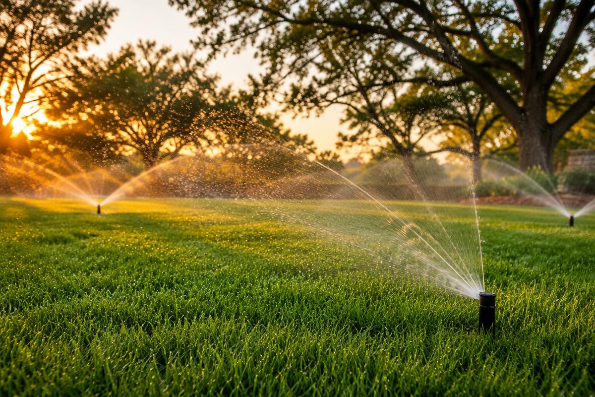 Evenly operating sprinklers watering a healthy Texas lawn