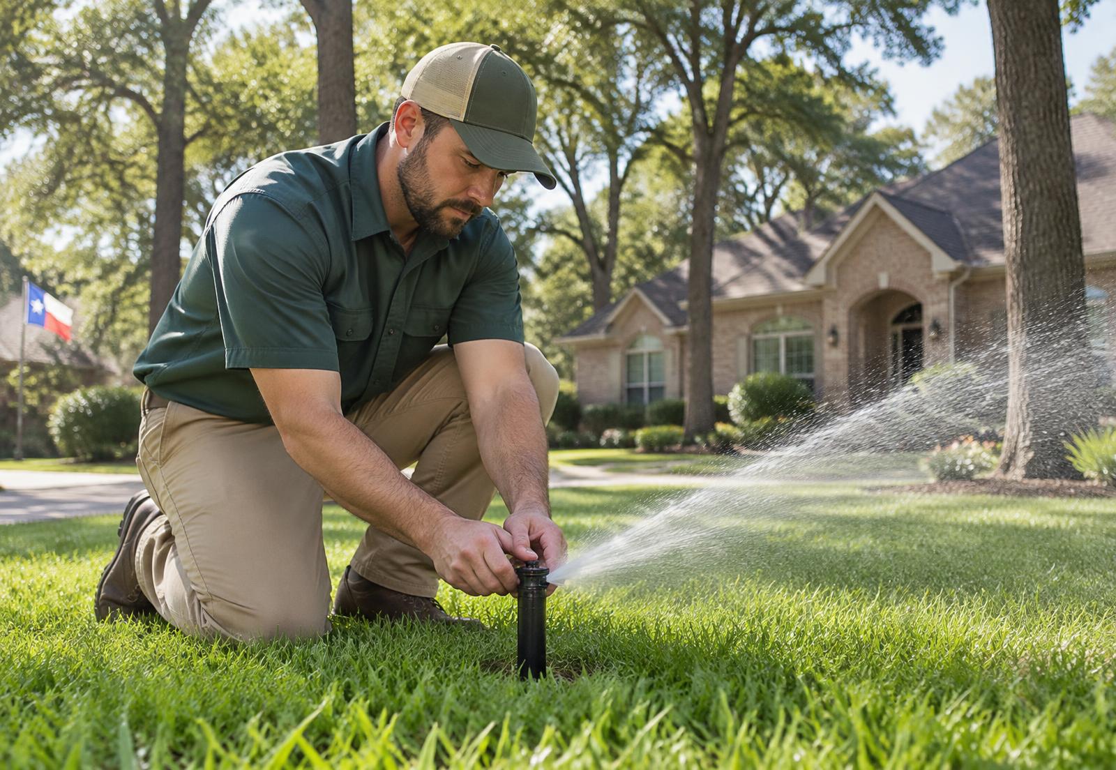 Irrigation technician adjusting a lawn sprinkler in Crosby, Texas
